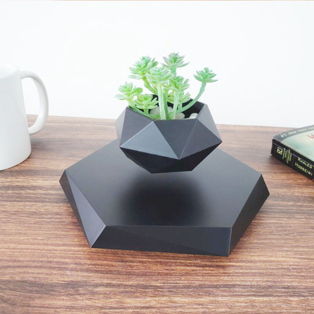 Floating Magnetic Levitating Flower Pot - Hexagonal Bonsai Air Plant Planter Gift Black