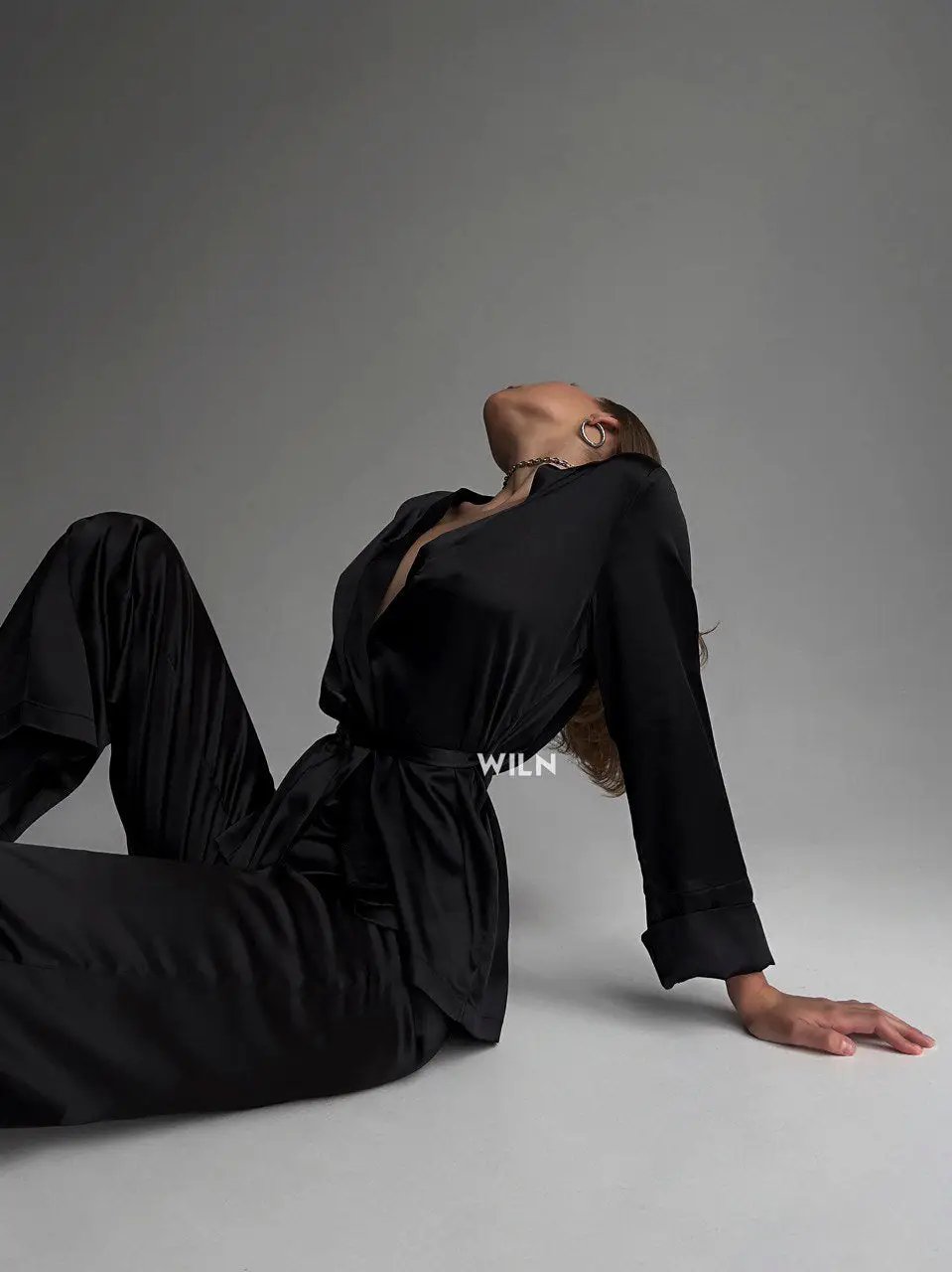 ELEGANCE Black 2 Piece Tie Waist Satin Loungewear Set