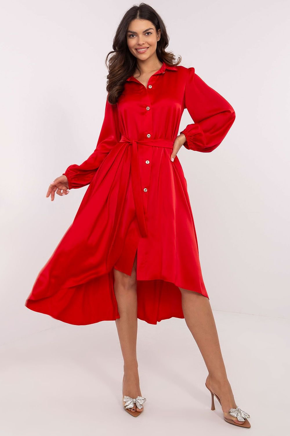 Elegant Belted Shirt Cocktail Evening Long Dress | Lakerta red