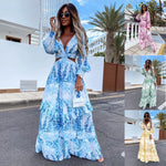 Elegant Women's Cut-out V-neck Long-sleeved Spring Summer Print V-neck Chiffon Maxi Dress