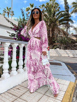Elegant Women's Cut-out V-neck Long-sleeved Spring Summer Print V-neck Chiffon Maxi Dress Pink
