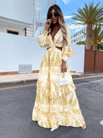 Elegant Women's Cut-out V-neck Long-sleeved Spring Summer Print V-neck Chiffon Maxi Dress Yellow