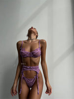 EROS Floral Lace Satin 3 Piece Lace Lingerie Set