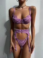 EROS Floral Lace Satin 3 Piece Lace Lingerie Set