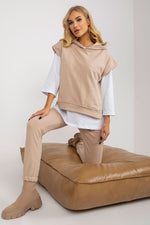 Ex Moda Loungewear Set with Blouse, Hooded Sweatshirt, and Tie-Waist Pants beige one-size-fits-all