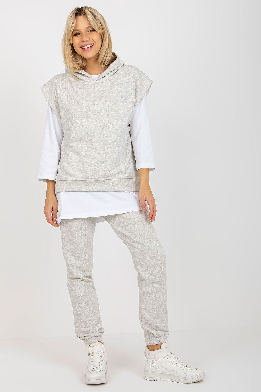 Ex Moda Loungewear Set with Blouse, Hooded Sweatshirt, and Tie-Waist Pants grey one-size-fits-all