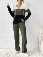 Color Block Half Zip Hooded Top and Pants Loungewear Set Army Green