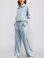 Half-Zip Sweatshirt and Wide-Leg Pants Two-piece Loungewear Set Light Blue