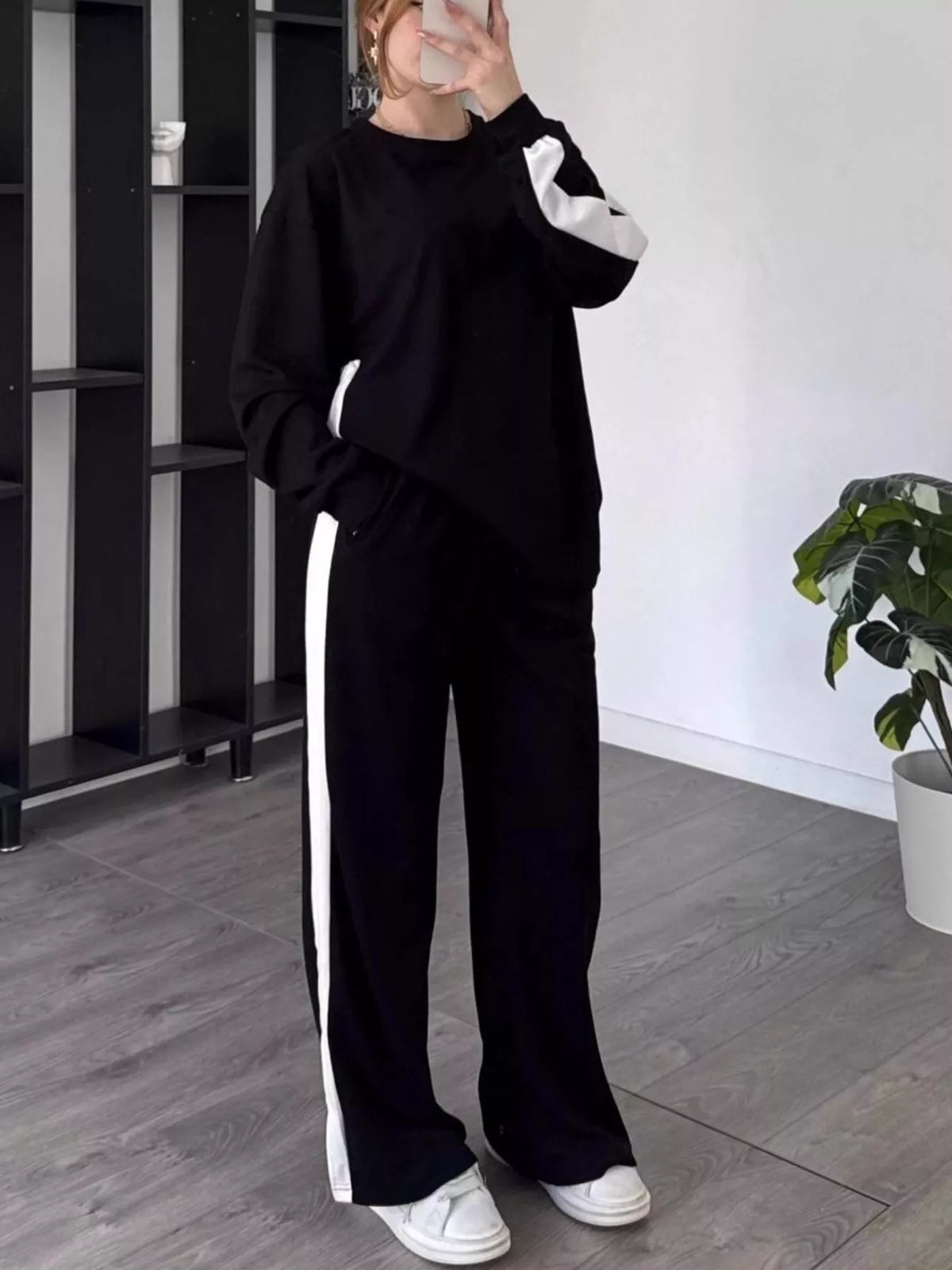Full Size Contrast Round Neck Top and Pants Loungewear Set Black