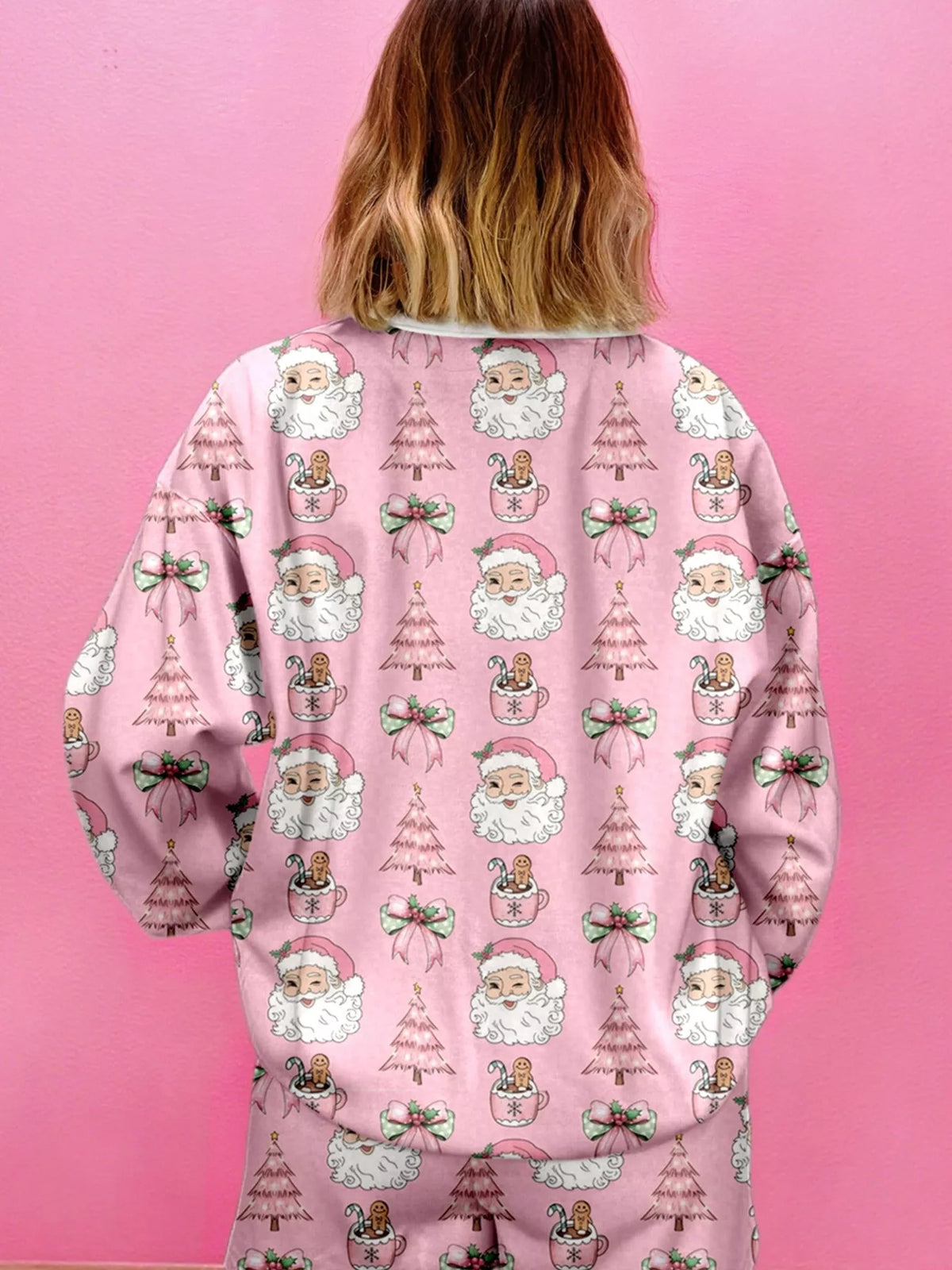 Christmas Santa Print Round Neck Top and Shorts Two Piece Loungewear Set