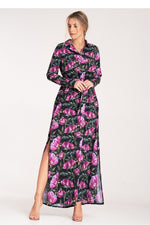 Figl Buttoned Maxi Daydress with Long Sleeves and Narrow Belt multicolor
