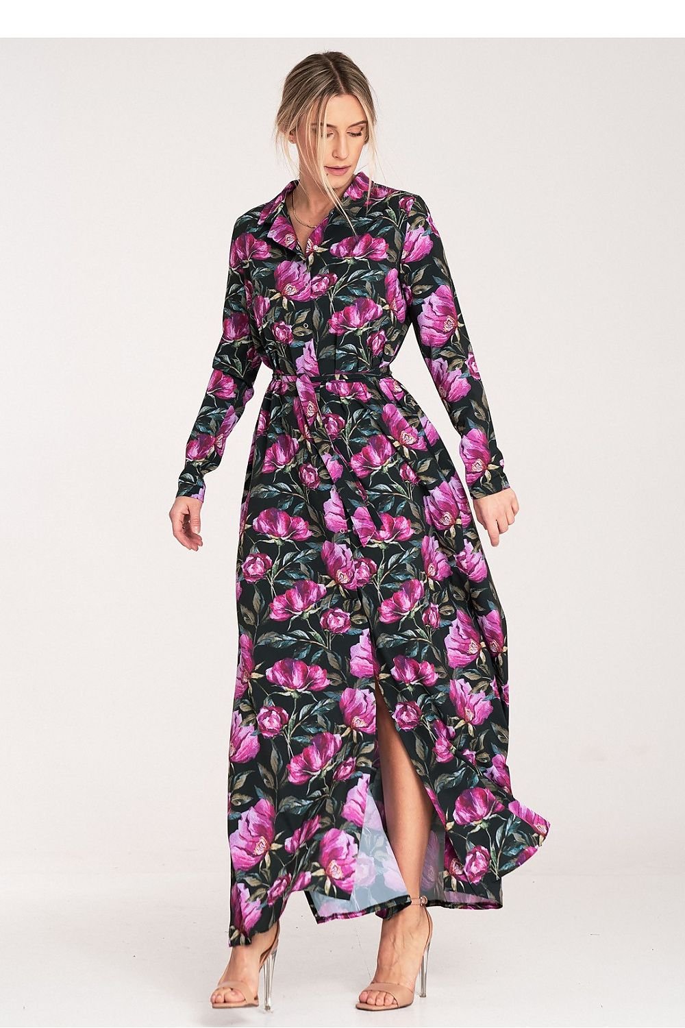 Figl Buttoned Maxi Daydress with Long Sleeves and Narrow Belt