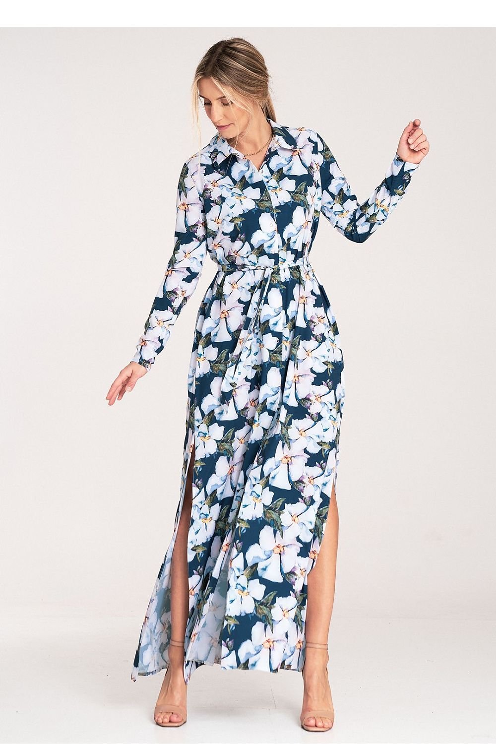 Figl Buttoned Maxi Daydress with Long Sleeves and Narrow Belt