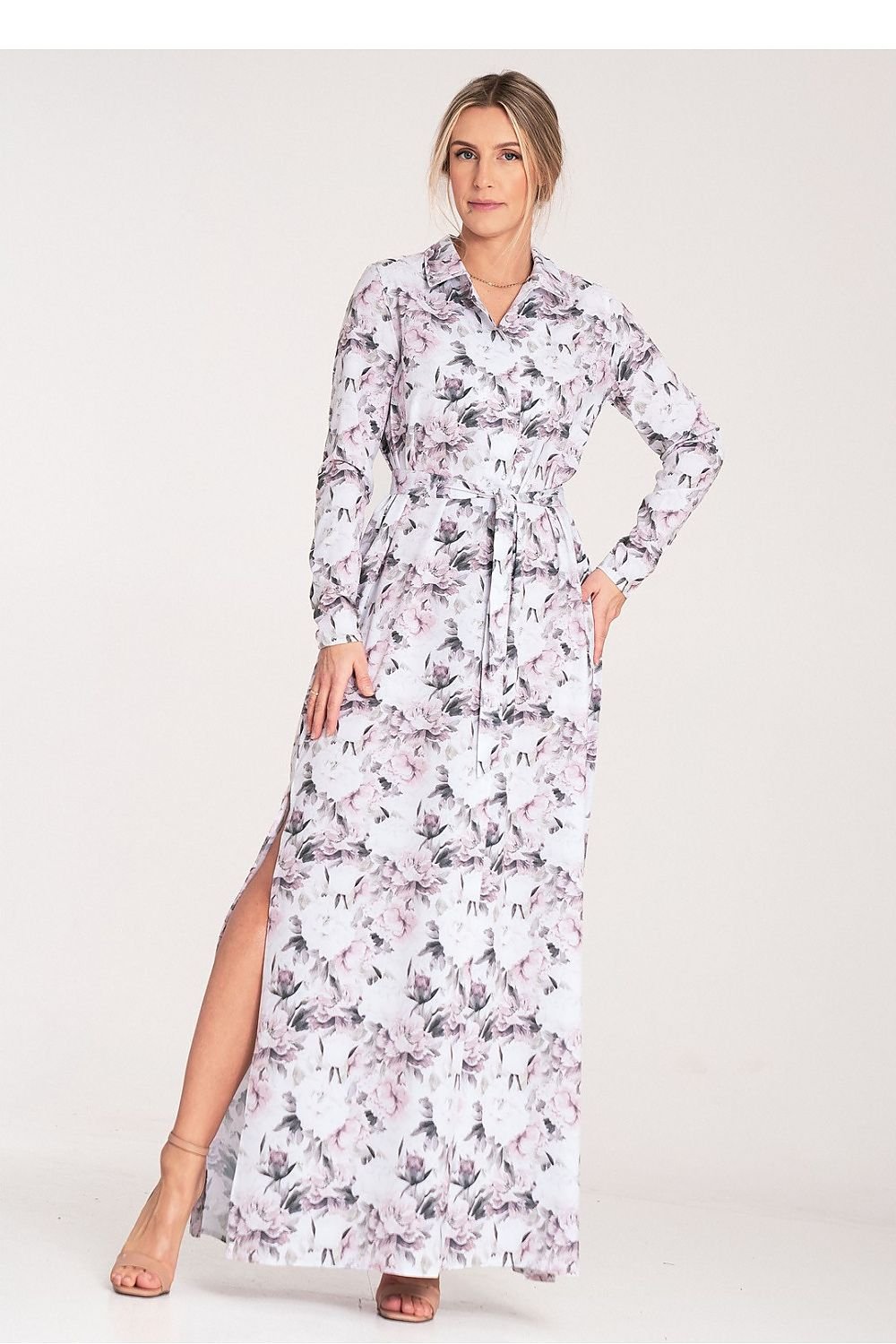 Figl Buttoned Maxi Daydress with Long Sleeves and Narrow Belt multicolor 3