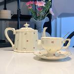French Retro Luxury Floral Afternoon Tea Porcelain Teapot, Cup & Saucer Set