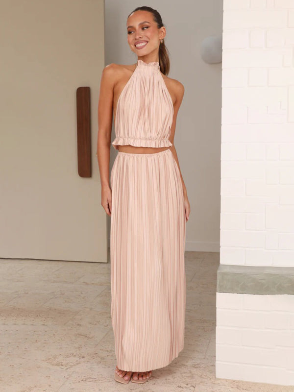Halterneck Backless Sexy Pleated Long Skirt Top Co-ord Set Pink