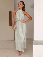 Halterneck Backless Sexy Pleated Long Skirt Top Co-ord Set