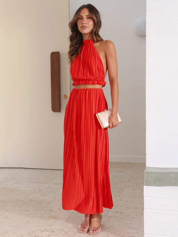 Halterneck Backless Sexy Pleated Long Skirt Top Co-ord Set Red