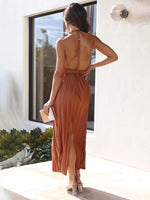 Halterneck Backless Sexy Pleated Long Skirt Top Co-ord Set
