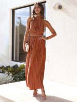 Halterneck Backless Sexy Pleated Long Skirt Top Co-ord Set caramel