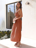 Halterneck Backless Sexy Pleated Long Skirt Top Co-ord Set