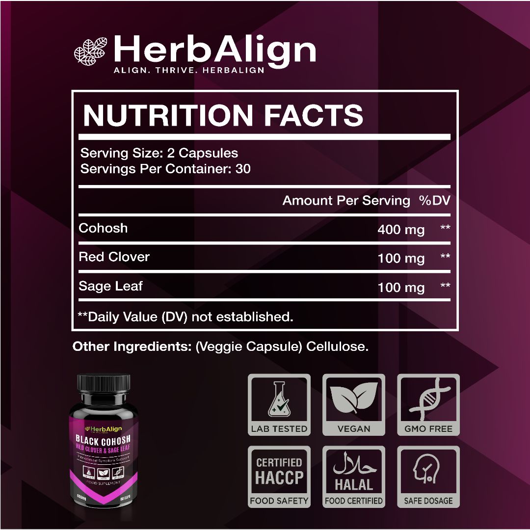 Herbalign Black Cohosh Menopause Relief Capsules with Sage Leaf & Red Clover – Natural Support for Hot Flushes, Night Sweats & Hormonal Balance