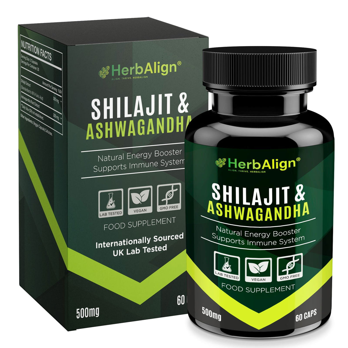 Herbalign Organic Ashwagandha & Shilajit - Natural Pure Raw Caps UK Lab tested