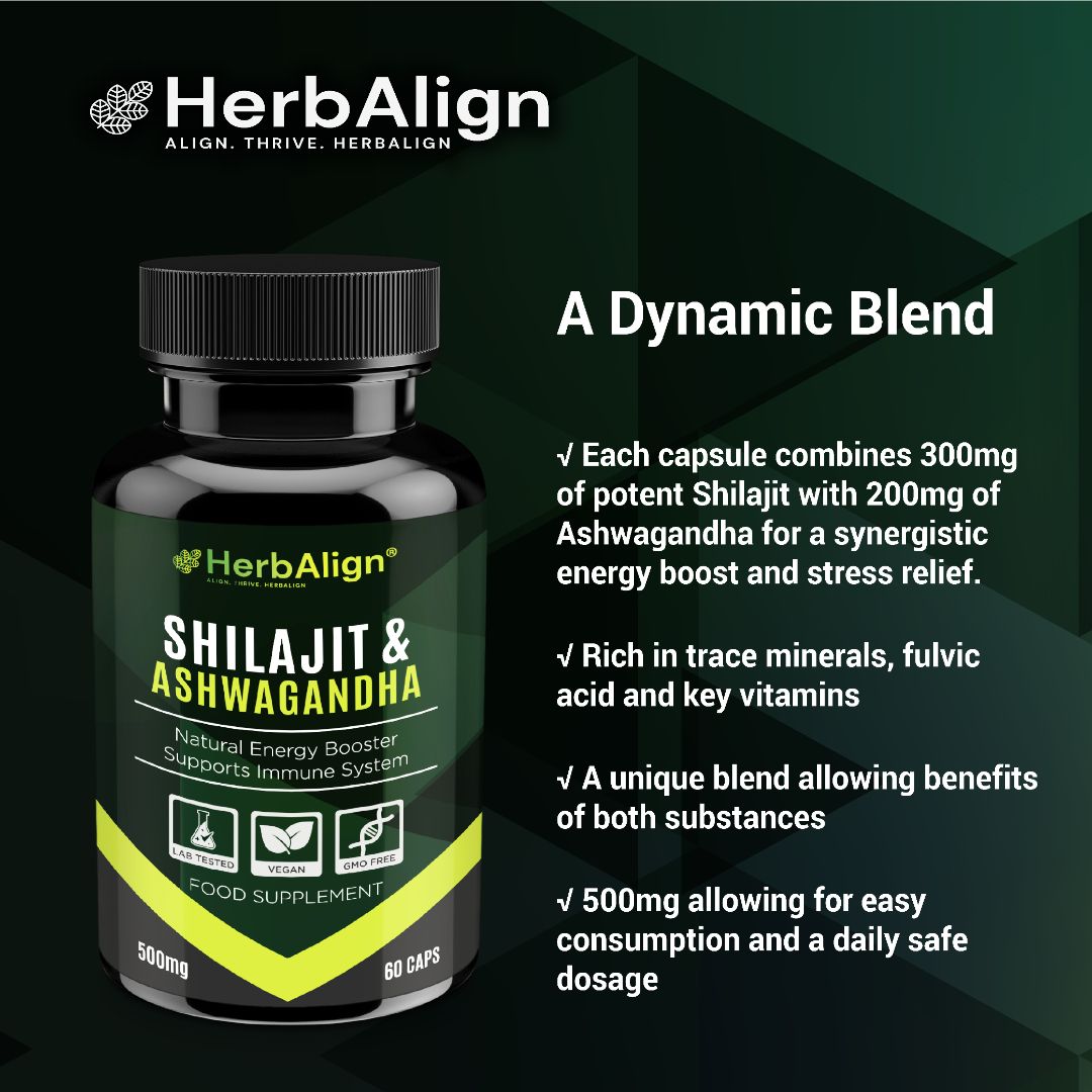 Herbalign Organic Ashwagandha & Shilajit - Natural Pure Raw Caps UK Lab tested