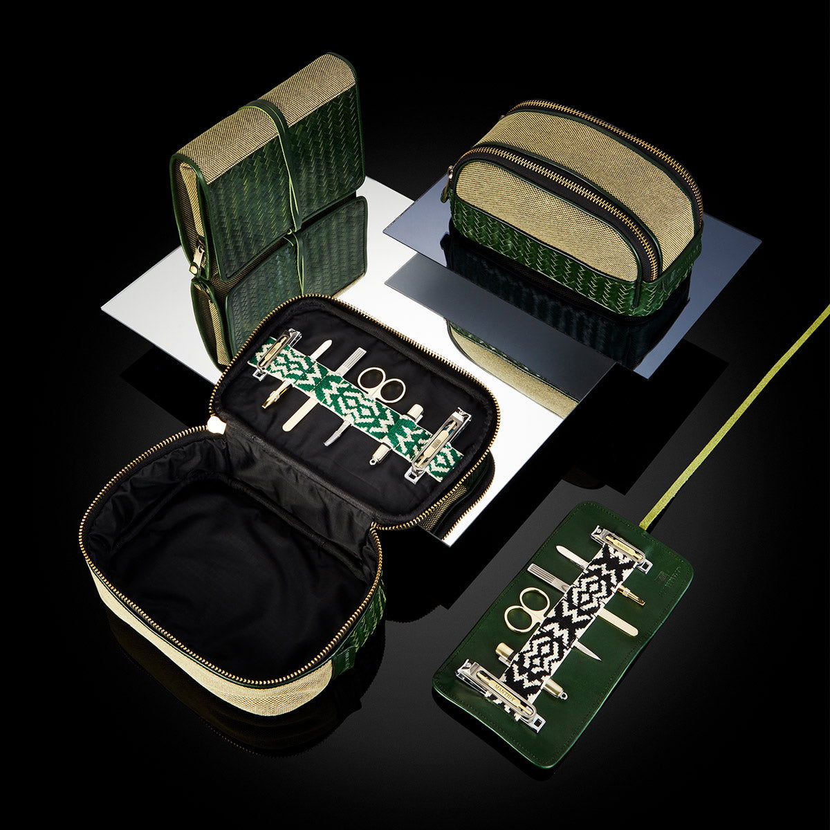 Herringbone Toiletry Wash Roll, Racing Green