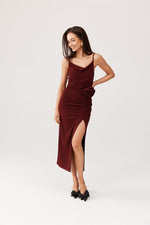 Holly Thigh Slit Evening Midi Dark Red Dress with Decorative Rose | Roco Fashion