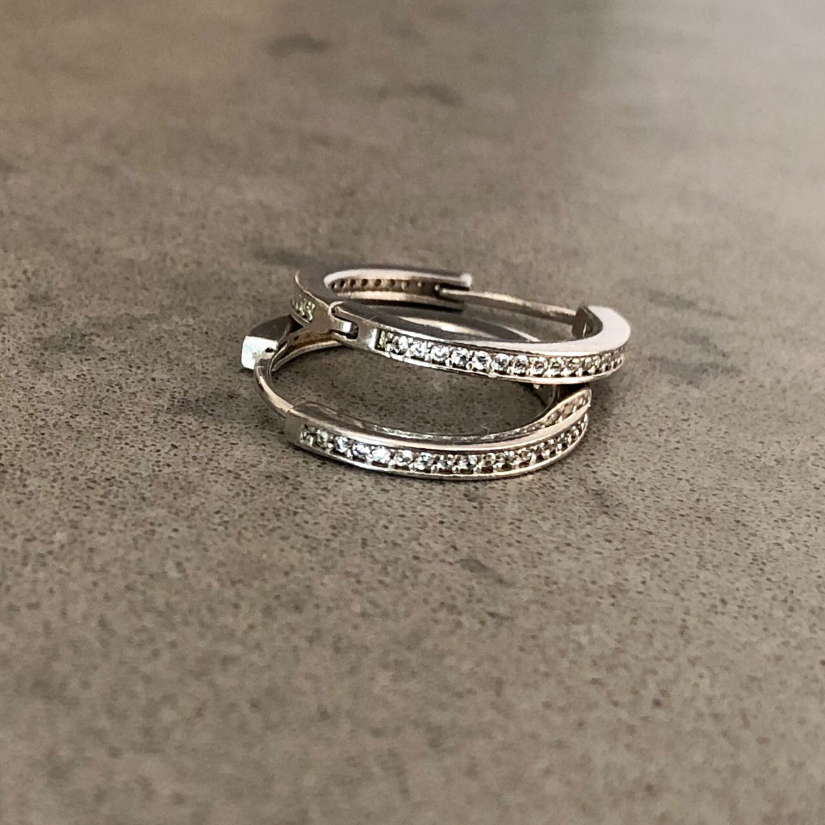 Hoop Earrings with Small Pave-set Stones Silver Medium White