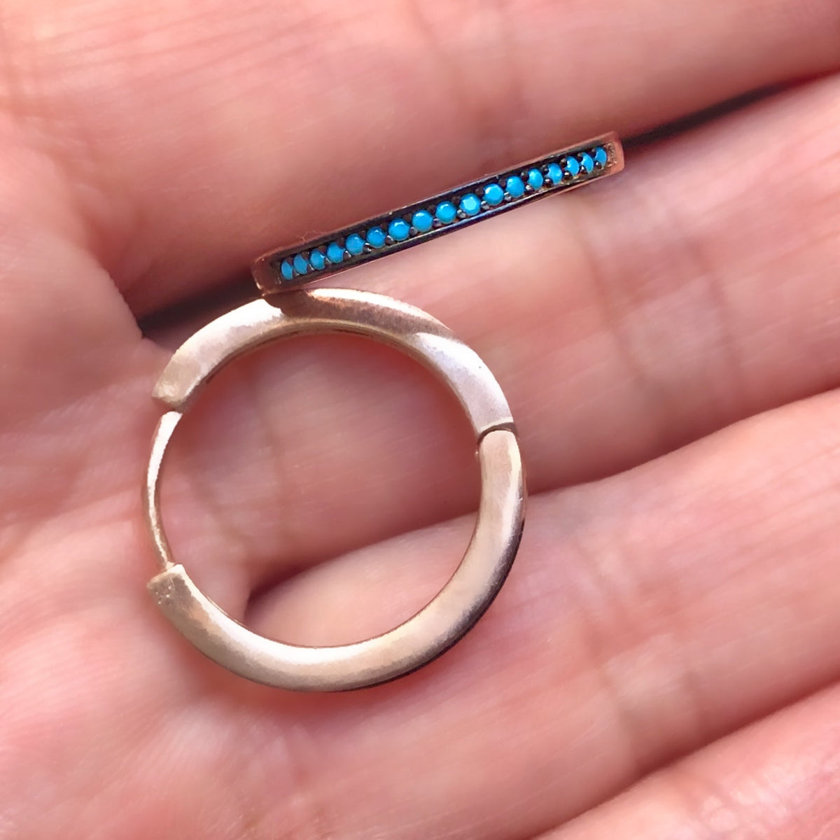 Hoop Earrings with Small Pave-set Stones Rose Gold Plated Silver Large Turquoise