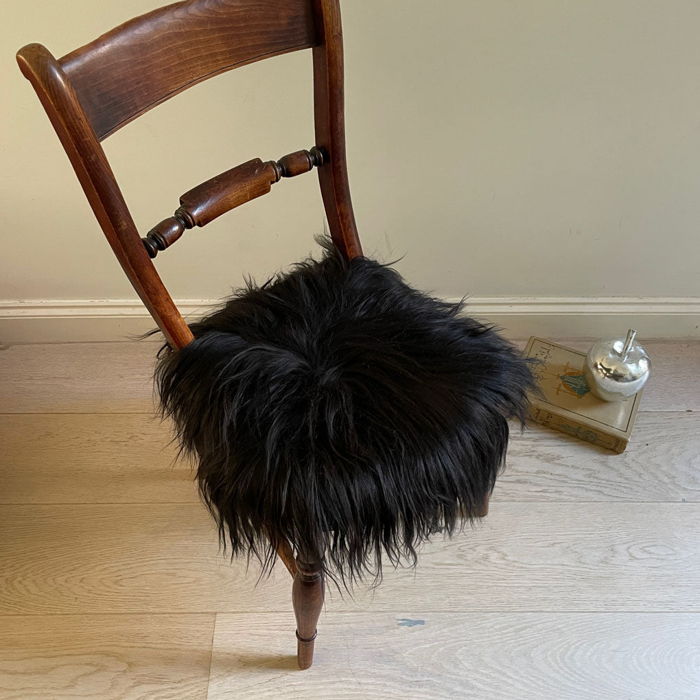 Icelandic Sheepskin Roundie Seat Cover Natural Black Long Fur 35cm