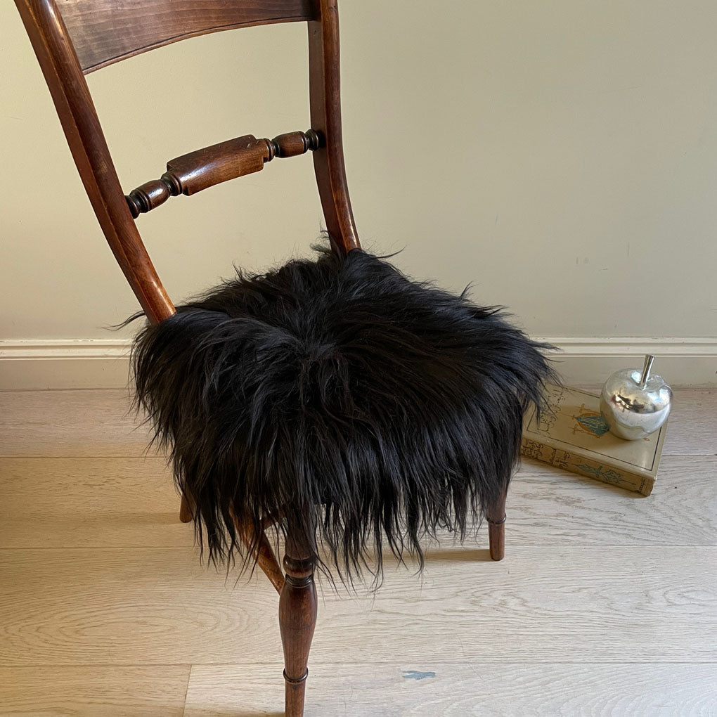 Icelandic Sheepskin Roundie Seat Cover Natural Black Long Fur 35cm