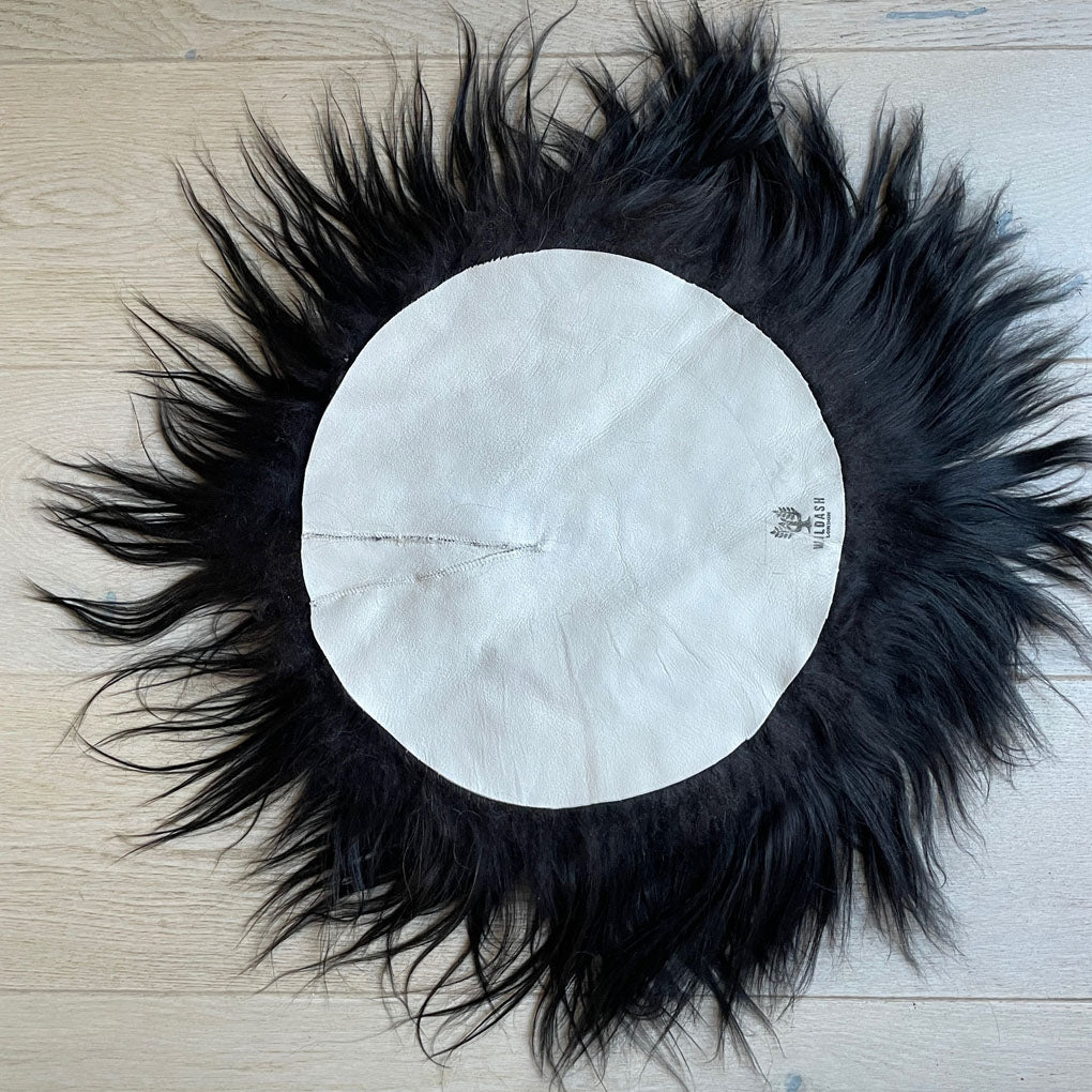 Icelandic Sheepskin Roundie Seat Cover Natural Black Long Fur 35cm