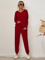 Women's Long-Sleeved Loose Loungewear Set Wine Red