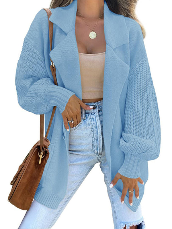 Women's Suit Collar Long Sleeve Knitted Cardigan Jacket Blue
