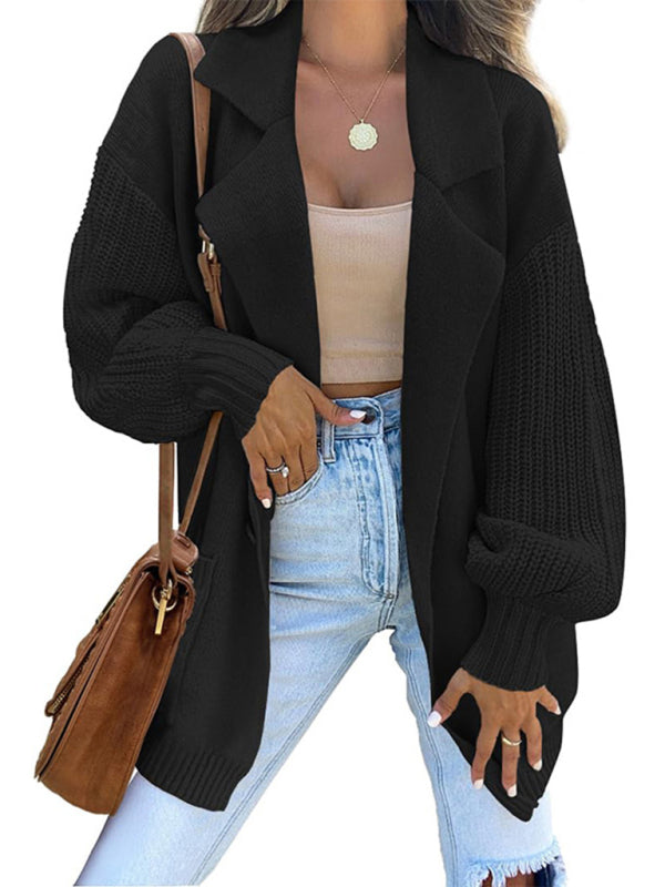 Women's Suit Collar Long Sleeve Knitted Cardigan Jacket Black