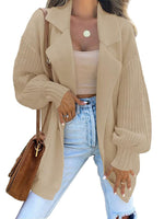 Women's Suit Collar Long Sleeve Knitted Cardigan Jacket Khaki