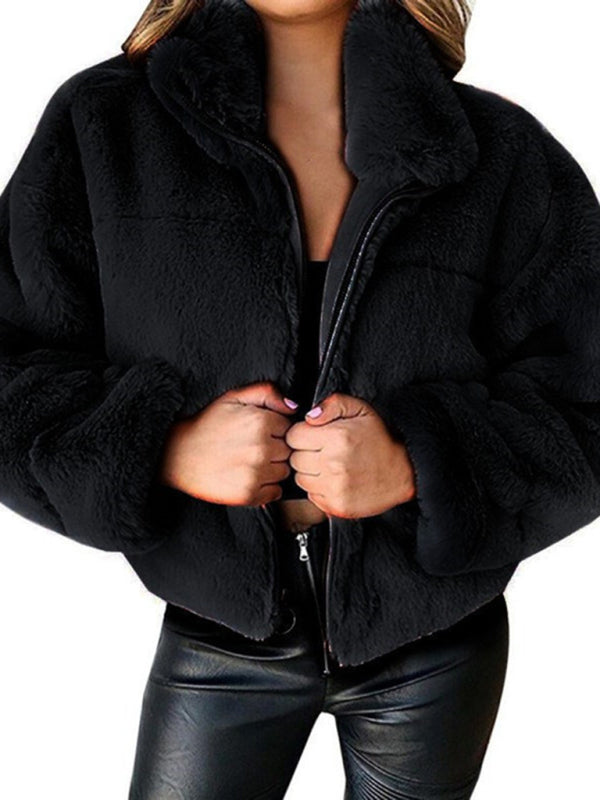 Women's Casual Zipper Cardigan Plush Warm Jacket Black
