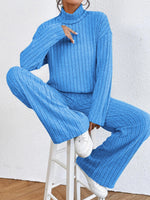 Casual High Collar Knitted Long Sleeve Women's Two-Piece Loungewear Set Blue