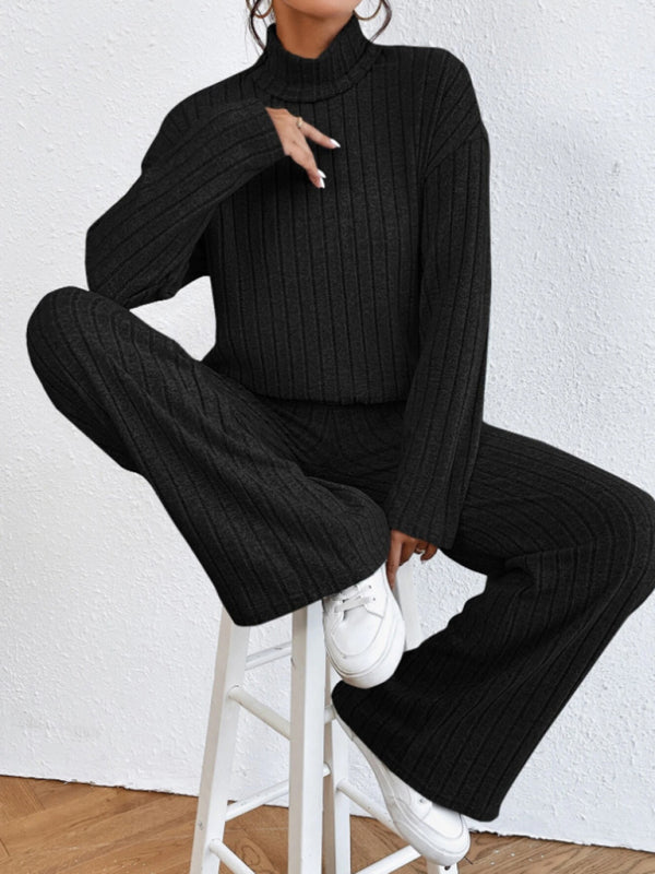 Casual High Collar Knitted Long Sleeve Women's Two-Piece Loungewear Set