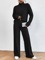Casual High Collar Knitted Long Sleeve Women's Two-Piece Loungewear Set Black