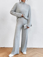 Casual High Collar Knitted Long Sleeve Women's Two-Piece Loungewear Set