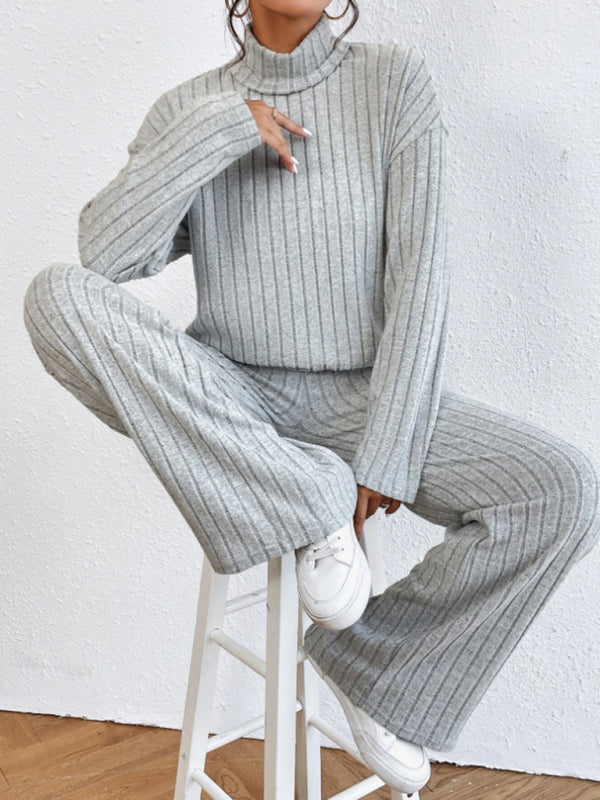 Casual High Collar Knitted Long Sleeve Women's Two-Piece Loungewear Set