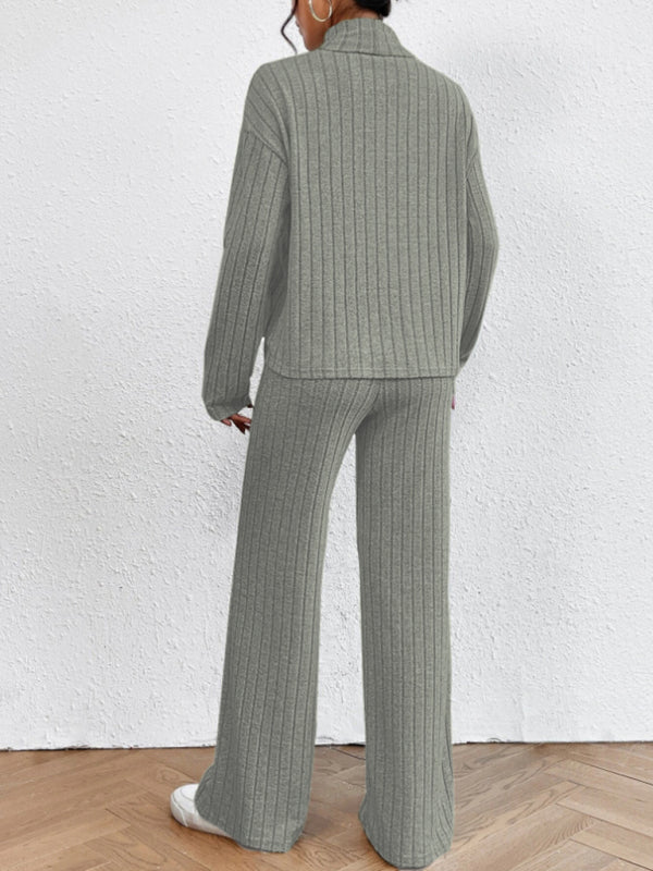 Casual High Collar Knitted Long Sleeve Women's Two-Piece Loungewear Set