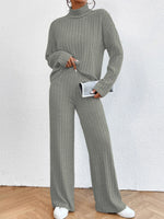 Casual High Collar Knitted Long Sleeve Women's Two-Piece Loungewear Set