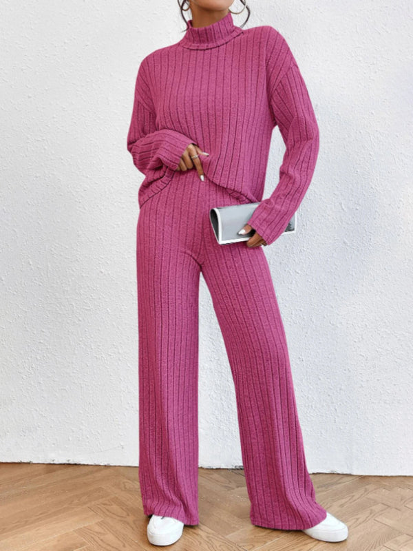 Casual High Collar Knitted Long Sleeve Women's Two-Piece Loungewear Set Pink