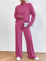 Casual High Collar Knitted Long Sleeve Women's Two-Piece Loungewear Set Pink