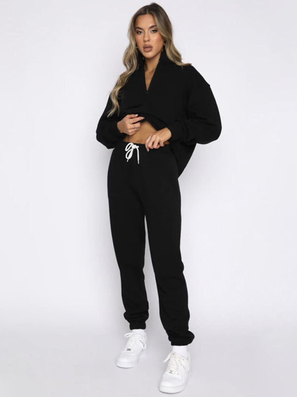 Women's Stand-Up Collar Zipper Sweatshirt & Trousers Loungewear Set - Vibrant Solid Color Comfort Black